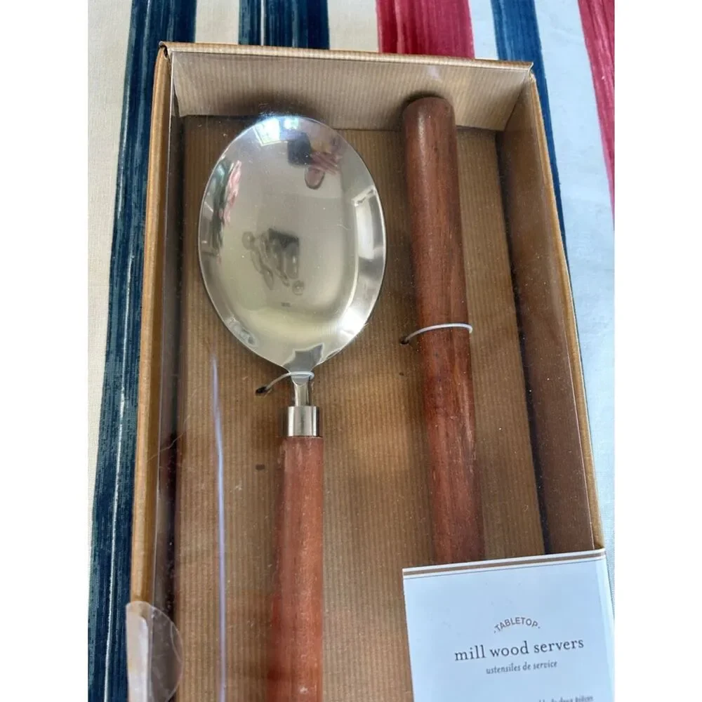 Pottery Barn NEW- Wood Handle Stainless Steel Serving Spoon and Fork Set